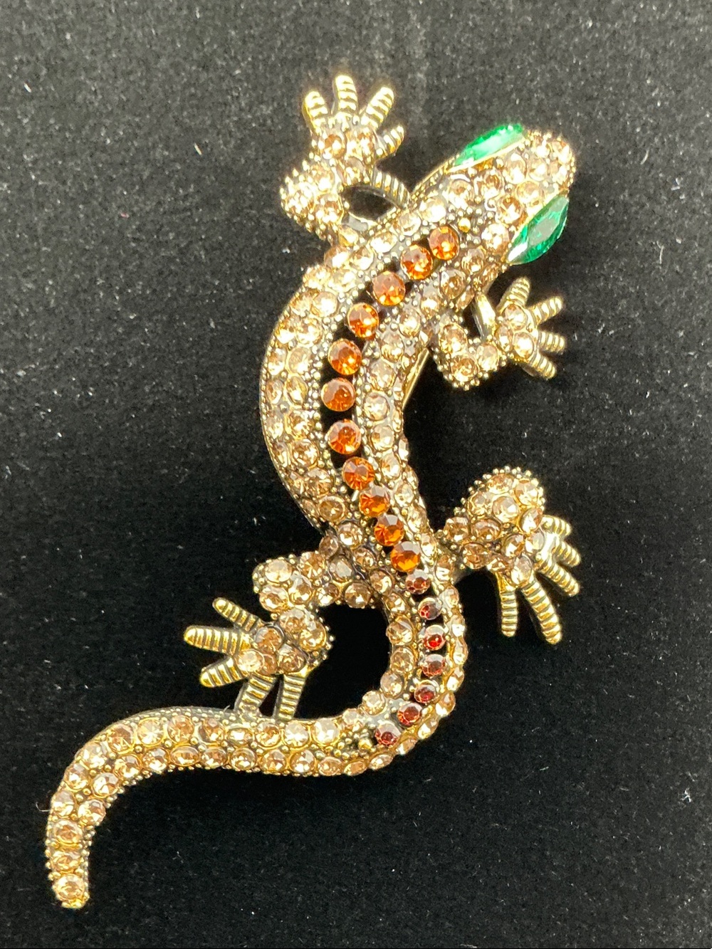 Gold Crystal Lizard Brooch with Amber Accents - Fashion Jewelry